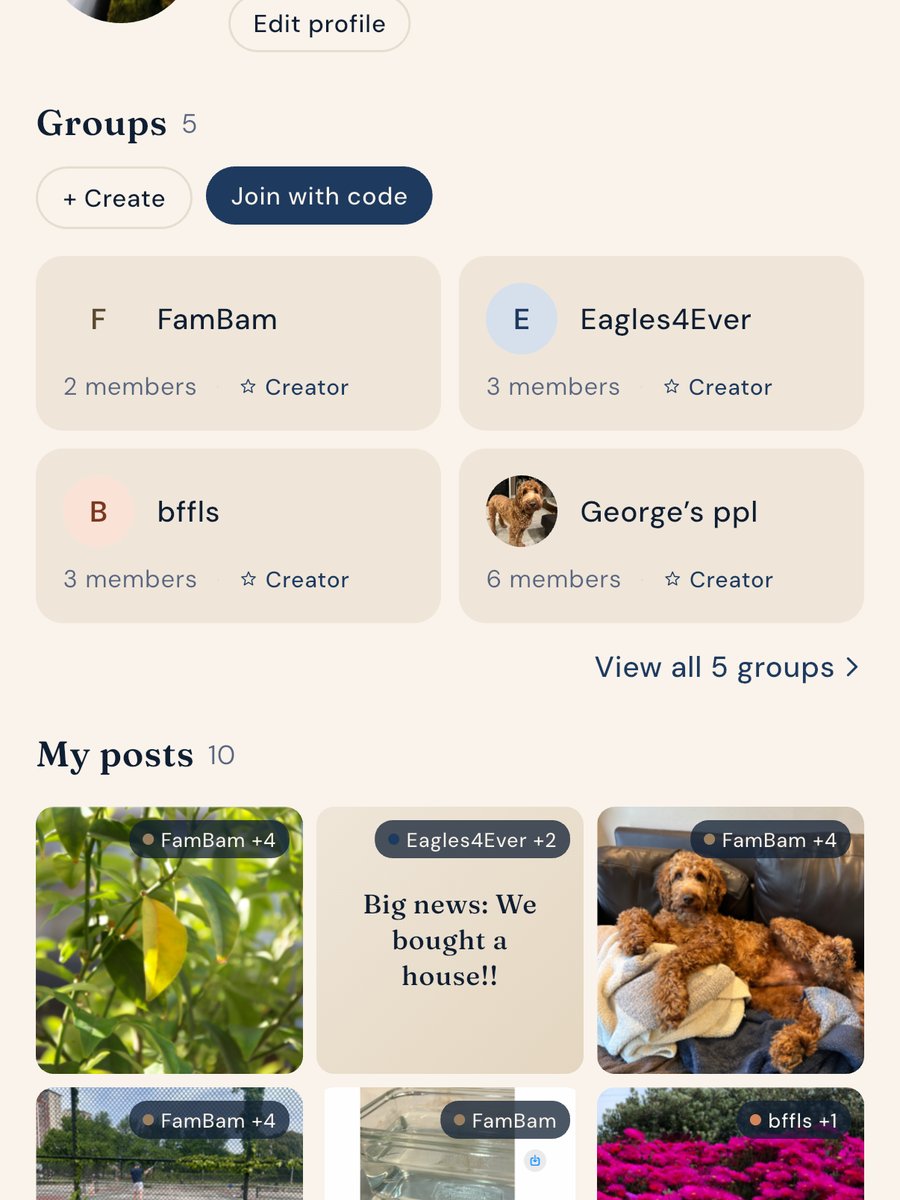 S'new profile screen showing groups for family, close friends, and college friends